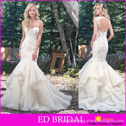 LN223 2016 latest design unique lace applique with beading ruffled skirt mermaid wedding dress